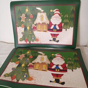 Holiday Time VTG Vinyl Christmas Placemats Lot of 6 Santa Gingerbread Tree Green